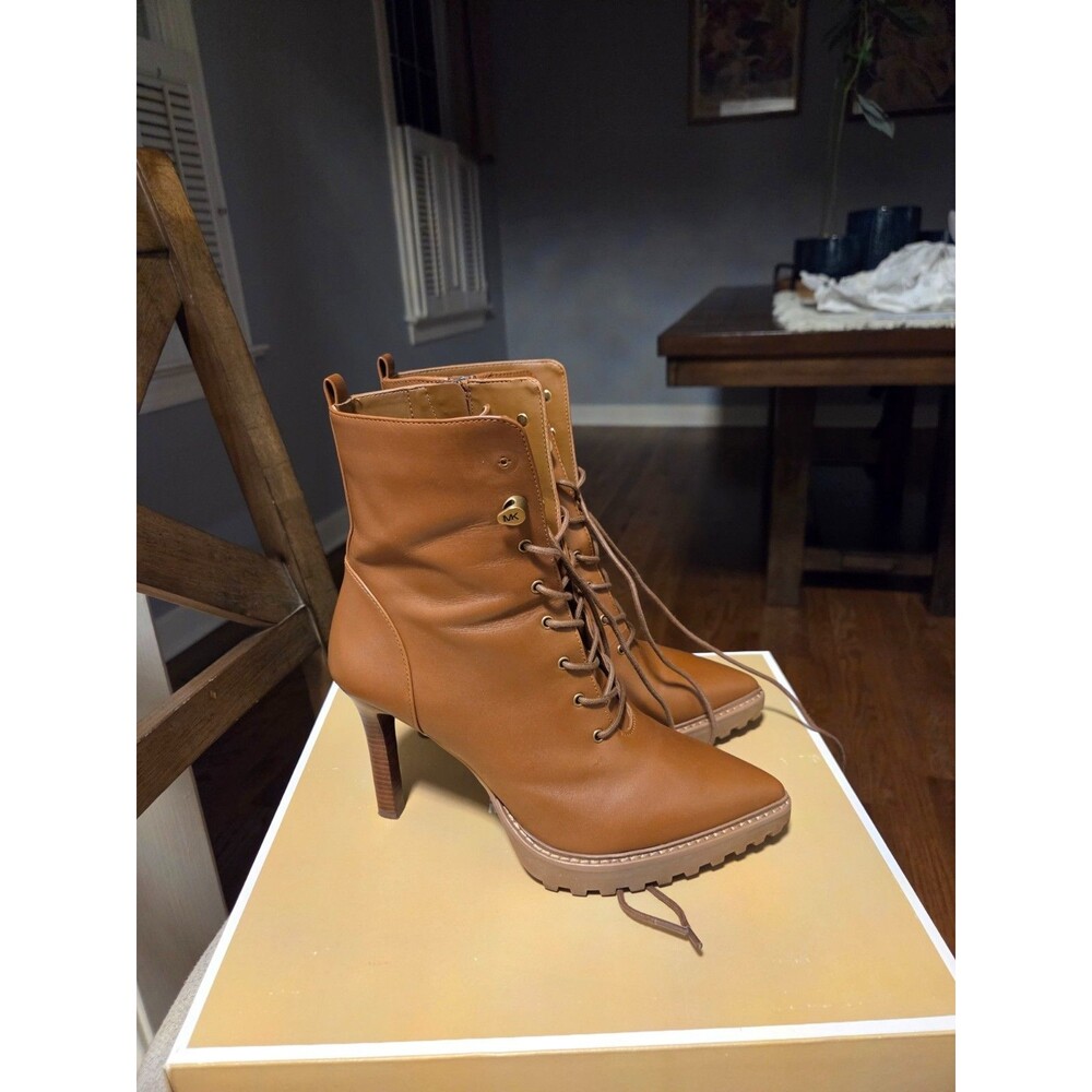 Michael Kors Kyle Lace Up Bootie Luggage Brown Leather Zip Ankle Boots US 7M